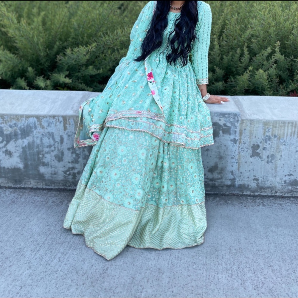 Mint green long top lehenga - Picture 9 of 9